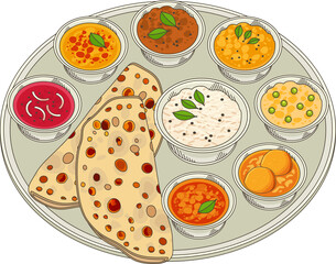Showing flat design thali platter with wheat rotis and eight curry bowls on transparent background