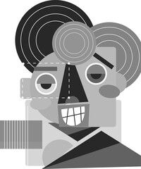 Flat geometric face illustration is showing ring shapes and grid mouth on transparent background