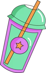 Fototapete Aroma Cartoon style mint green cup is showing dome lid, orange straw, star badge on clear background  © vectorfusionart