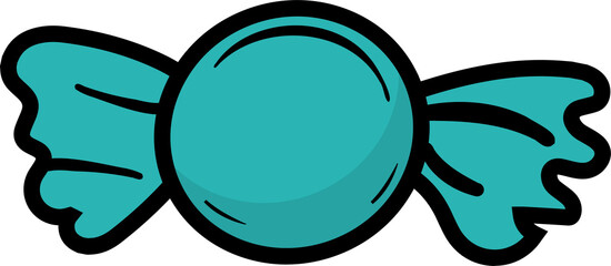 Wrapped candy is floating in cartoon style, showcasing turquoise wrapper on transparent background