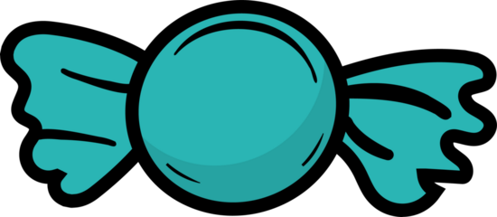 Wrapped candy is floating in cartoon style, showcasing turquoise wrapper on transparent background