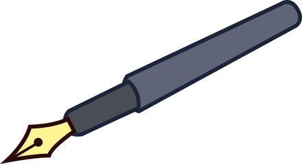 Flat illustration is showing fountain pen floating on transparent background, grey barrel, gold nib
