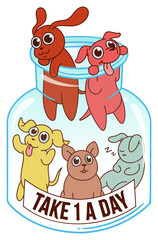 Showing five cartoon dogs inside flat pill-bottle jar with banner on transparent background