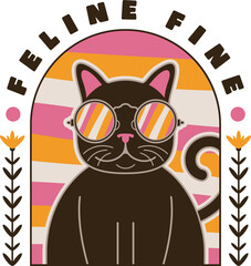 Flat brown cat is wearing round sunglasses in striped arch, floral accents transparent background