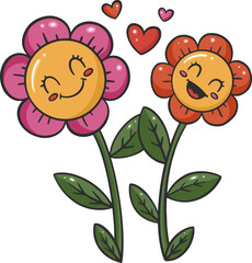 Two smiling cartoon flowers are showing floating hearts on transparent background, flat design