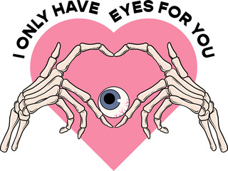 Flat design showing bone hands forming heart around eyeball on pink heart bold text clear bg