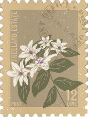 Displaying scalloped postage stamp branch FREELAND ESTATE POST 12 LOVE text transparent background