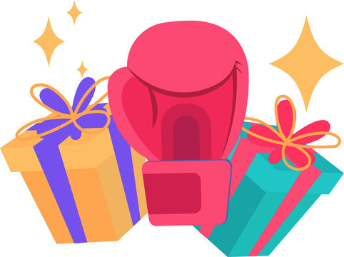 Naklejki Flat design showing pink boxing glove with yellow-purple teal-pink gifts  and  gold stars on clear b