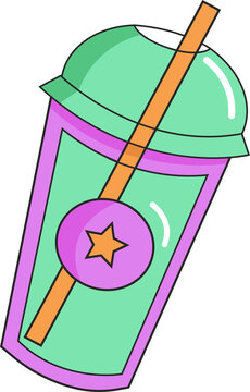 Fototapeta Cartoon style mint green cup is showing dome lid, orange straw, star badge on clear background