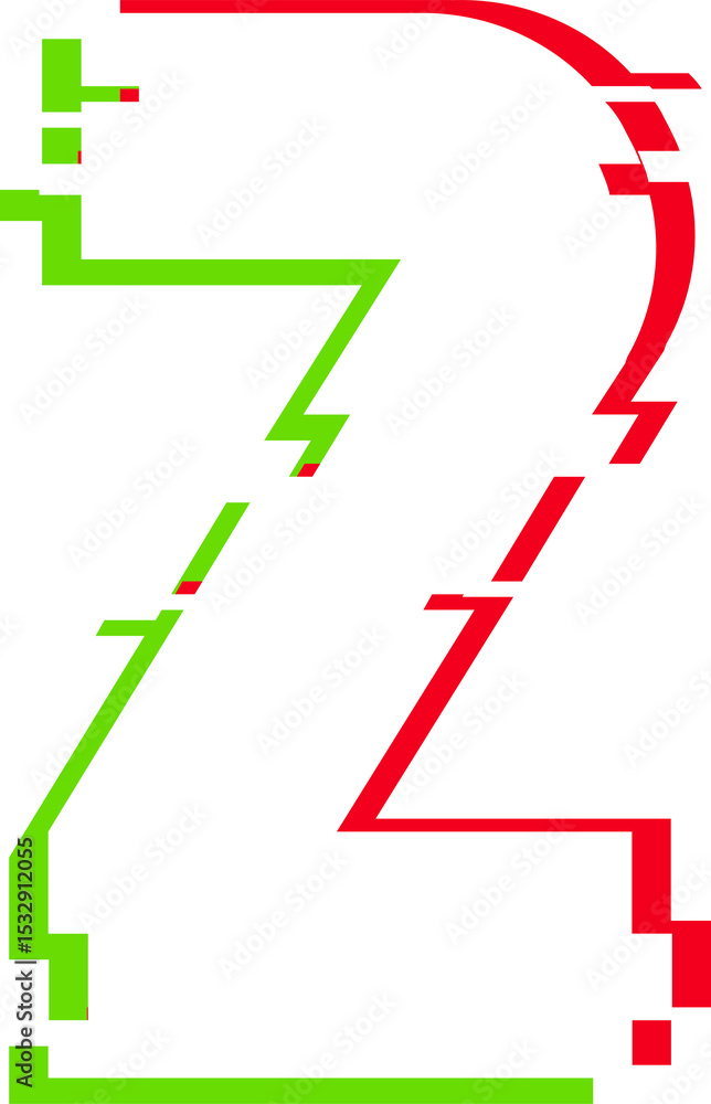 Poster stylized number two glitching and glowing on transparent canvas with white fill green red outlines
