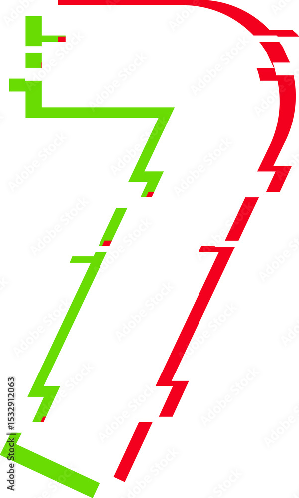 Poster stylized number seven is showing flat design with red and green glitch outlines on transparent bg