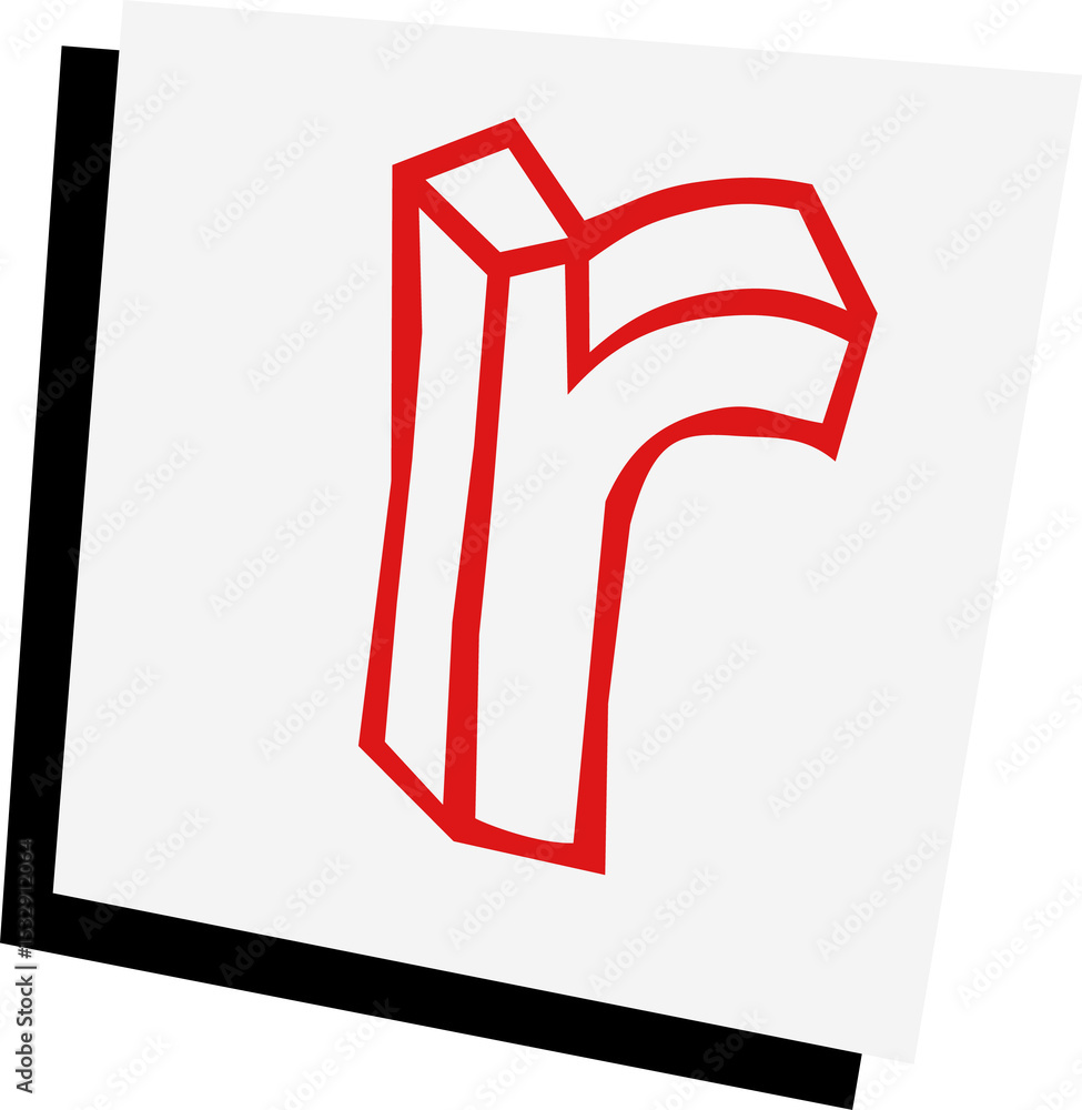 Poster isometric design is showing red 3d r on tilted white square with shadow on transparent background