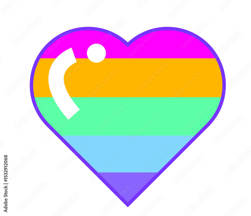 Poster flat heart icon is displaying rainbow bars, glossy highlight and sparkles on transparent canvas