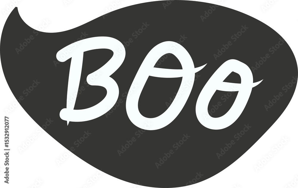 Poster featuring gray rounded speech bubble showing white boo text in flat style on transparent background