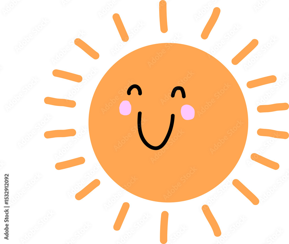 Aufkleber smiling sun is shining with orange rays and fluffy cloud in flat design on transparent background