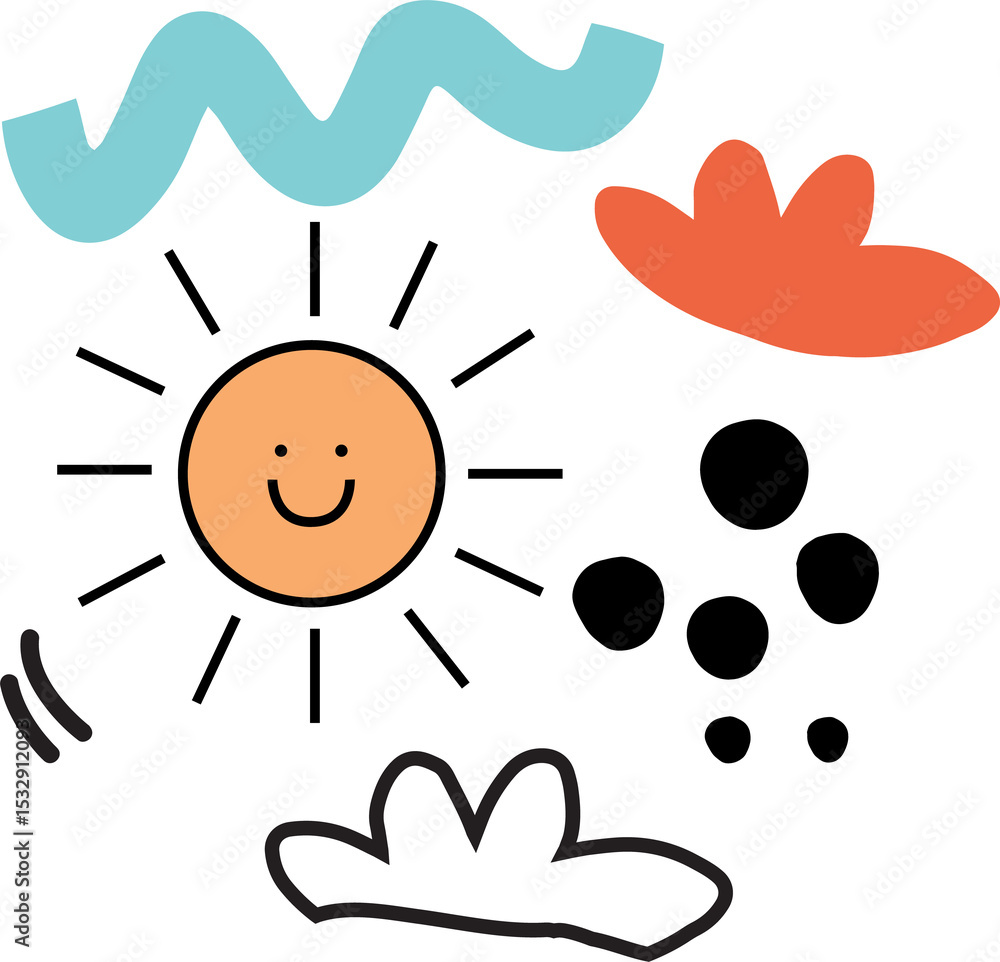 Poster smiling doodle sun floating on transparent background with blue wave or orange blob or cloud or blac