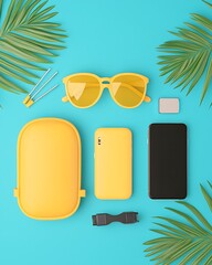 Flat lay of Travel Accessories with Sunglasses and Gadgets on Tropical Background, ideal for summer vacation themes.