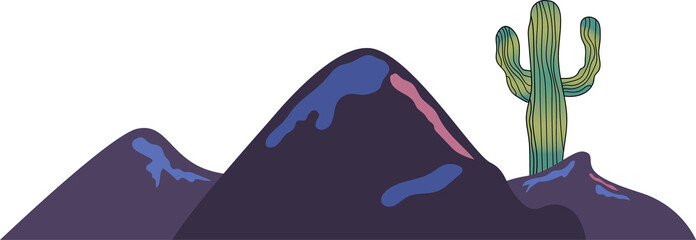 Flat design is showing purple hills with blue-pink streaks, green cactus on transparent background