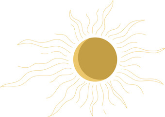 Stylized sun is radiating wavy rays around central disc in flat design, with transparent background