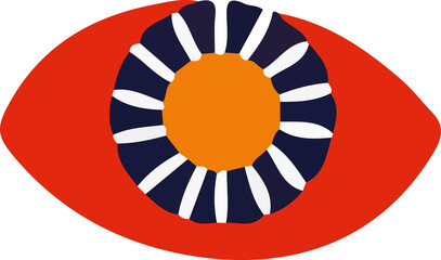 Flat abstract eye is floating on transparent background, orange center and white-striped navy ring