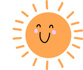 Smiling sun is shining with orange rays and fluffy cloud in flat design on transparent background