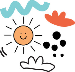 Smiling doodle sun floating on transparent background with blue wave or orange blob or cloud or blac