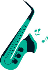 Flat vector saxophone is floating diagonally in green and teal with notes, transparent background