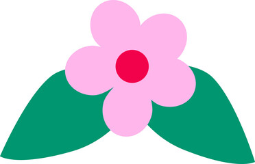 Flat vector is showing pink five petal flower with red core, green leaves on transparent background
