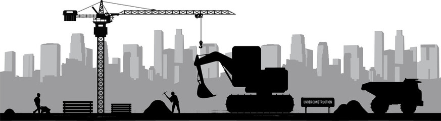 Construction silhouette showing workers operating crane and excavator, transparent background