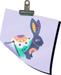 Showing flat design binder clip holding lilac paper with patterned rabbit on transparent background