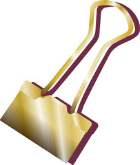 Metallic gold binder clip is floating on transparent background with flat design, gradient shading