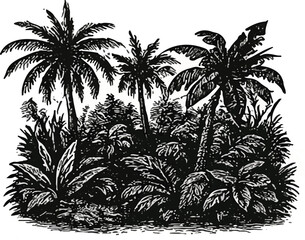 Fototapeta premium A detailed black and white, hand-drawn illustration depicting a dense tropical jungle scene with multiple palm trees and lush foliage, conveying a vintage botanical aestheti