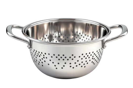 A pristine stainless steel colander awaits its kitchen duties with the gleam of cleanliness on transparent background