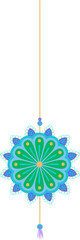 Mandala pendant is hanging from gold string showing teal-purple beads, tassel on clear background