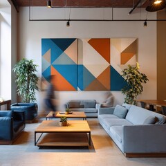 Modern Coworking Lounge with Geometric Wall Art and Natural Light
