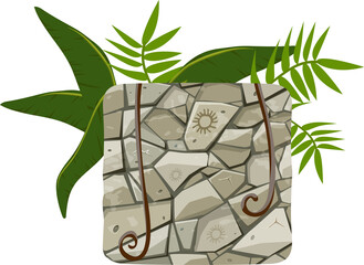 Stone block showing vines draping over sunburst stones and fern fronds on transparent backdrop