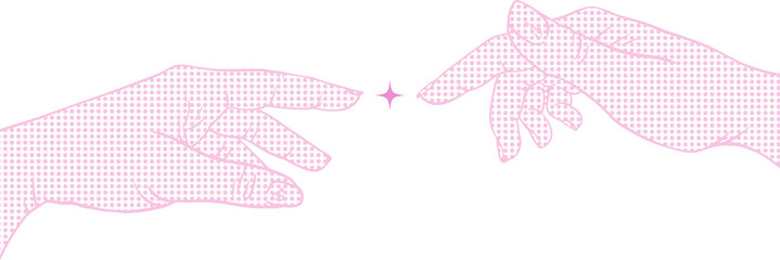 Two pink halftone-dot hands are reaching toward glowing star spark on transparent background