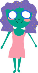 Flat design figure is standing on transparent background with green skin, blue glasses, purple hair