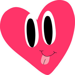 Cartoon pink heart is smiling with oversized eyes and tongue in flat design on transparent backdrop