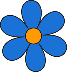 Vector six-petaled flower floating on transparent background with blue petals and orange center