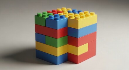 Colorful Plastic Building Blocks Stacked in Geometric Pattern on Neutral Background