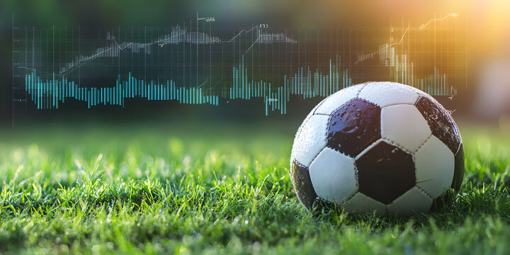 Soccer ball on grass with financial data background showcasing sports analytics