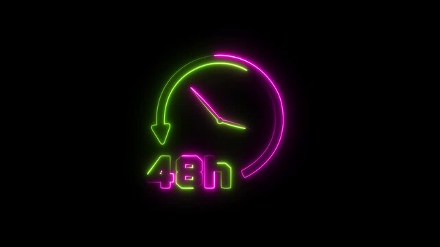 Glowing Neon 48-Hour Clock Icon, Isolated on Black Background with Alpha Channel, Neon HUD Timer Animation, Time Passage Stopwatch, 4K Circular 48 Hours Countdown Loop