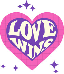 Flat graphic is showing pink heart over purple heart with cream love wins lettering, transparent bg