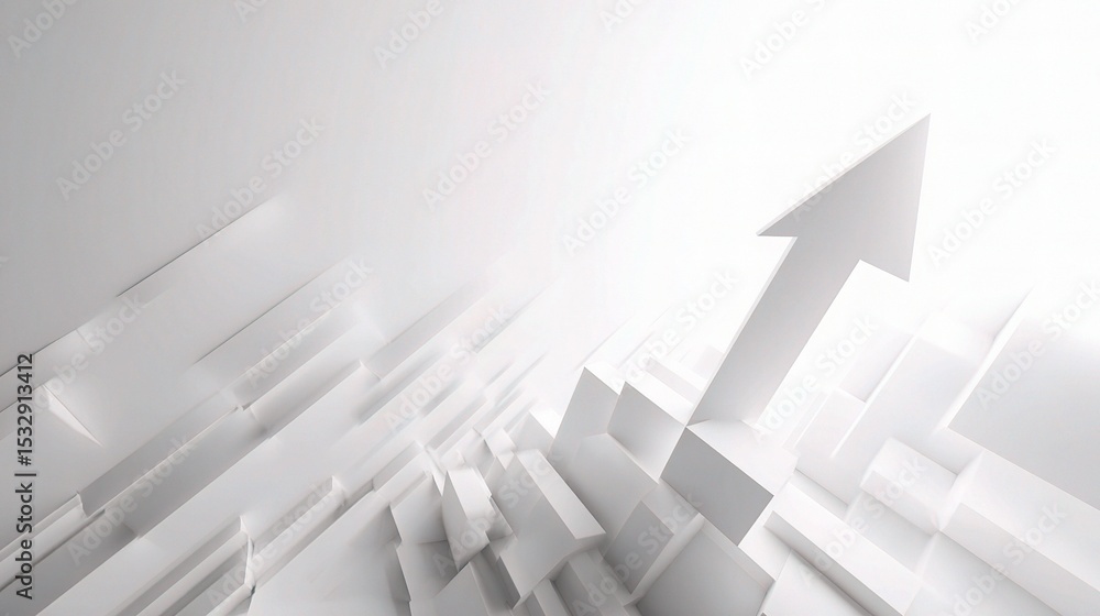 Poster rising arrow over 3d white structures on minimalist background