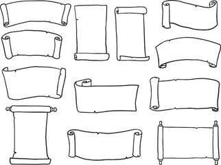 Obraz premium A comprehensive collection of hand-drawn blank scroll and paper banners in various shapes and sizes. These versatile doodle elements are perfect for adding a vintage, medieval.