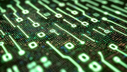 Obraz premium Close-up view of glowing circuit board with binary code.