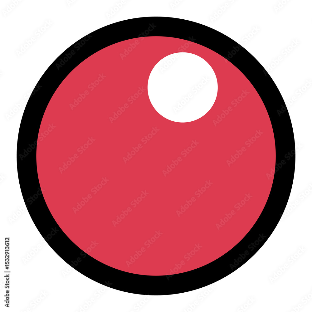 Poster red button icon with glossy spot is floating on clear background showing black and white borders