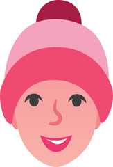 Flat design smiling head is wearing three-tone pink hat with dark pom-pom on transparent background