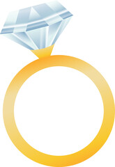 Gold engagement ring is featuring clear gemstone prong-set in digital art on transparent background
